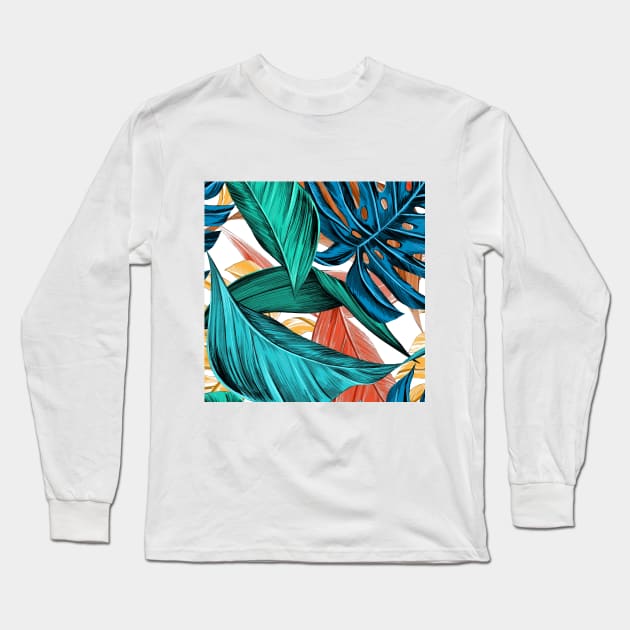 Blue-ish palm leaves Long Sleeve T-Shirt by hedehede